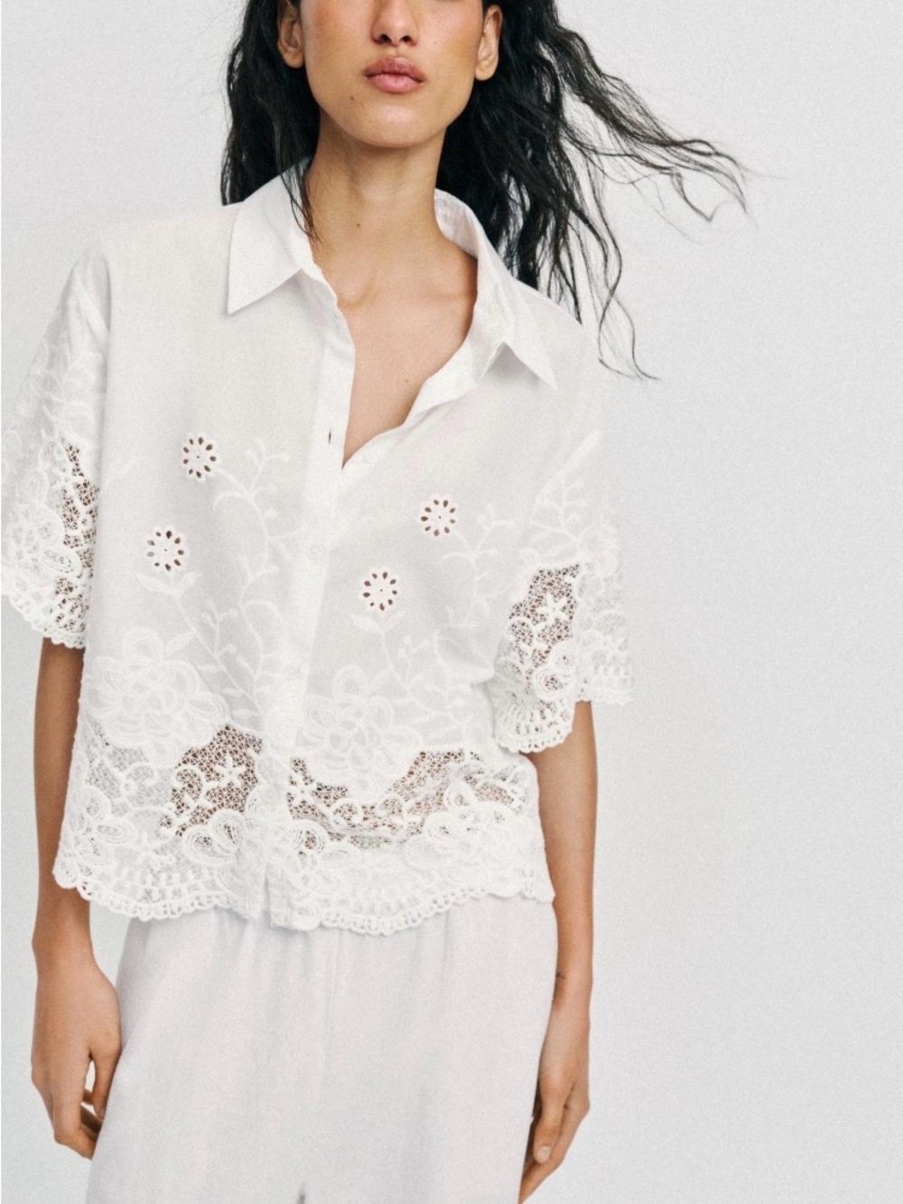 Zara White Lace-Panel Button Down Shirt